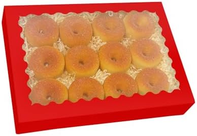 qiqee Auto-pop Up Red Cookie Box with Window 14x10x2.5 inch 24Pcs Bakery Pastry Macaron Bakery Box For Packaging