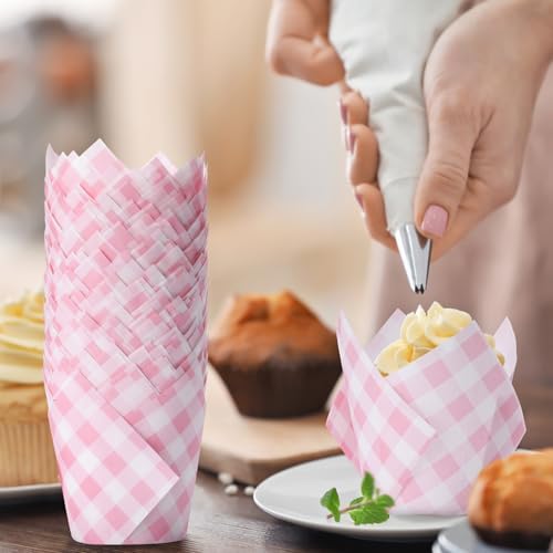 Maxdot 200 Pcs Pink Gingham Tulip Cupcake Liners for Baking Plaid Paper Muffin Baking Cups Checkered Tulip Muffin Liners Wrappers for Bridal Baby Shower Wedding Birthday Party Decor