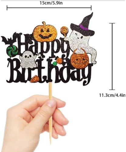 1 Pcs Halloween Happy Birthday Cake Topper Glitter Ghost Pumpkin Candy Bat Birthday Cake Pick for Creepy Theme Party Cake Decorations
