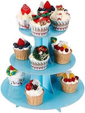 YLDW Cupcake Stand, 3-Tier Cupcake Stand Display, Cardboard Cup Cake Tower Stand, Disposable Dessert Stand for Birthday Tea Party Baby Shower Treat Decorations, Baby Blue