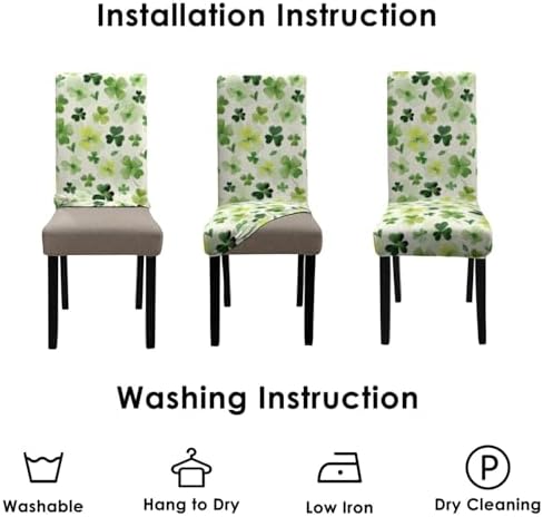 St Patricks Day Chair Covers Set of 6, Green Four Leaf Clover Dining Chair Covers, Elastic Removable Washable Dining Chair Covers for St. Patricks Day Kitchen Dining Room Holiday Party Decor