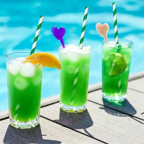 100 Packs Dark Green Biodegradable Striped Paper Straws, Dark Green and White Disposable Drinking Straws for Birthday Carnival Summer Pool Party Wedding Halloween Christmas Party Decoration Supplies