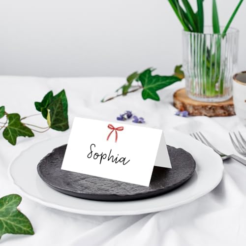 25 Pack Red Bow Place Cards, Editable Name Cards for Table Setting, Cute Tent Cards Food Label for Dinner Party, Bridal Shower, Wedding, Baby Shower and Events -T33