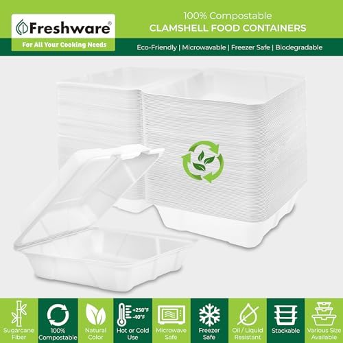 Freshware Compostable Clamshell Food Containers - 8x8" 50-Pack, Biodegradable Sugarcane To Go Boxes, Heavy Duty Paper Container - Microwave & Freezer Safe, Stackable