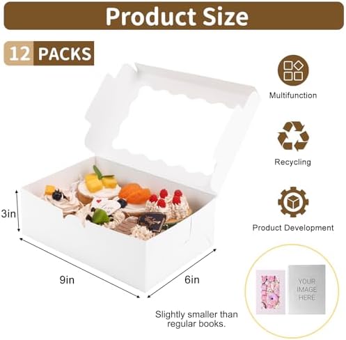 Moretoes 12pcs Cookie Boxes with Window, 9x6x3 In White Bakery Boxes