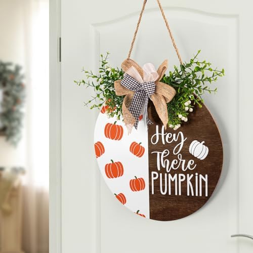 Hey There Pumpkin Front Door Sign 12"x12" Welcome Fall Door Hanger Autumn Thanksgiving Sign Farmhouse Fall Decorations Hanging Porch Sign Rustic Autumn Outdoor Plaques Wall Art Sign for Home