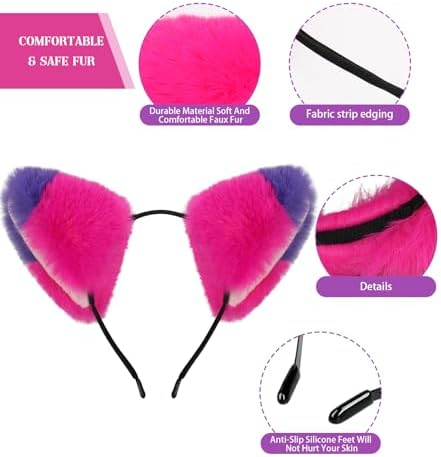 Cat Ears and Tail,Wolf Fox Ears Long Tail and Bell Lace Choker Set for Halloween,Animal Cosplay Party Costume