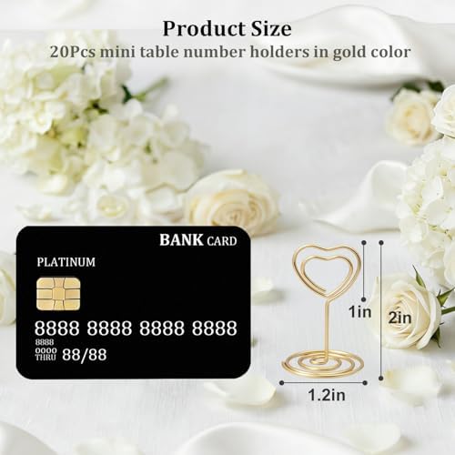 20PCS Mini Table Number Holders, Heart Shaped Place Card Holder, Premium Photo Holders for Tables, Table Sign Holders Card Stands Menu Clips for Wedding Valentine's Day Table Decor, Gold