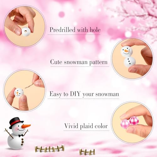 Landical 180 Piece Summer Christmas in July DIY Christmas Snowman Wooden Bead Crafts DIY Ornaments Buffalo Plaid Wood Round Bead Xmas Print Wooden Beads with Twine Scarf for Crafts(Pink Color)