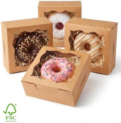 qiqee Bakery Box with Window 4*4*2.5inch/100Packs Brown Macaron Boxes Small Donut Pastry Boxes for Party Mini Cookie Boxes(5 Diferent Gift Include)