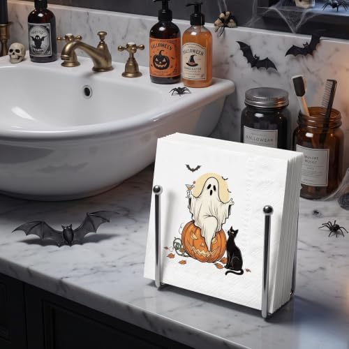 RUSPEPA 25 Pcs Halloween Ghost Napkin Paper, 3 Ply Cute Ghost Pumpkin and Black Cat Design Disposable Cocktail Napkins for Halloween Party, Spooky Table Decor, Birthday, 5 x 5 Inch