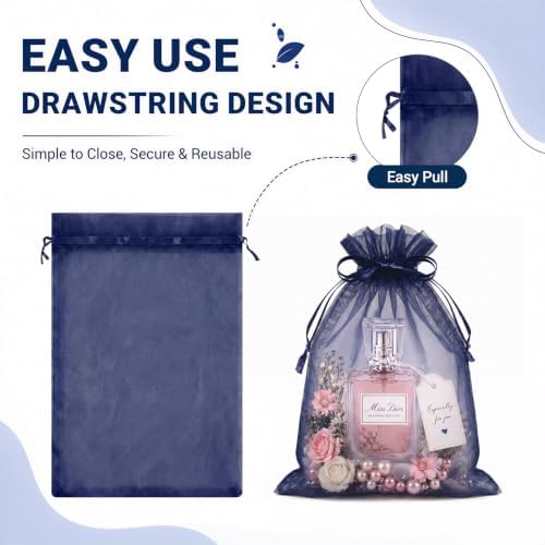 FUNFERY 100PCS Navy Blue Organza Gift Bags 5x7in,Drawstring Jewelry Pouch