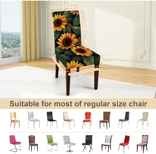 Sunflower Chair Covers for Dining Room – Stretch Floral Slipcovers with Bright Yellow Sunflowers on Dark Background – Washable Decorative Seat Protectors for Kitchen, Summer, Farmhouse Decor,Set of 6