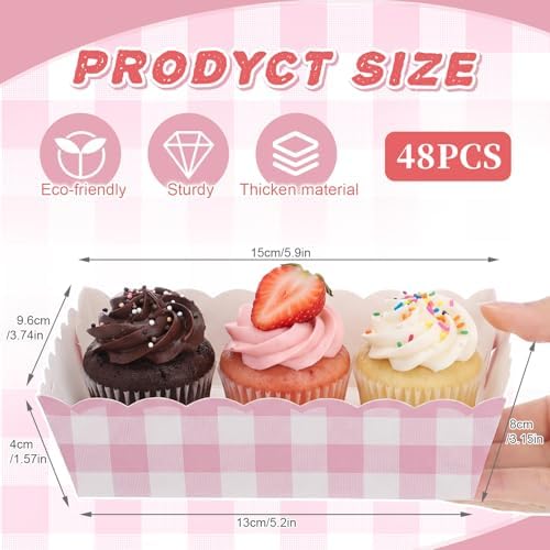 Funnymoom 48 Pcs Gingham Party Supplies Pink Plaid Paper Food Trays