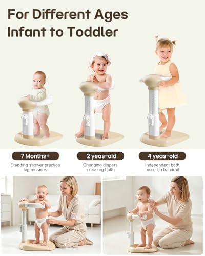 COOSEYA® Baby Shower Stand, Toddler Bath Stand Support with Thicker Colum, Anti-Pinch, Anti-Slip Base, Adjustable Shower Holder for Toddler Standing (Khaki)