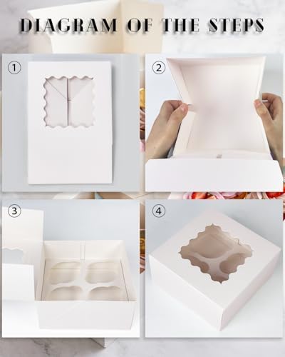qiqee Auto-pop Up Cupcake Boxes with Window White 100PCS 4 Count Cupcake Box 6.3"x6.3"x3" Cupcakes Carrier, 4 Cupcake Containers