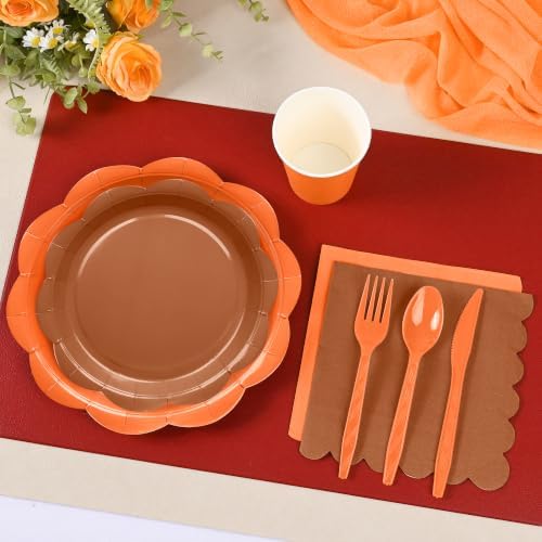 350 Pcs Orange Brown Fall Party Supplies - Red Orange Yellow Autumn Tableware set Include Gradient Scalloped Plate Napkin Cup & Cutlery for Thanksgiving, Fall Wedding, Harvest Party
