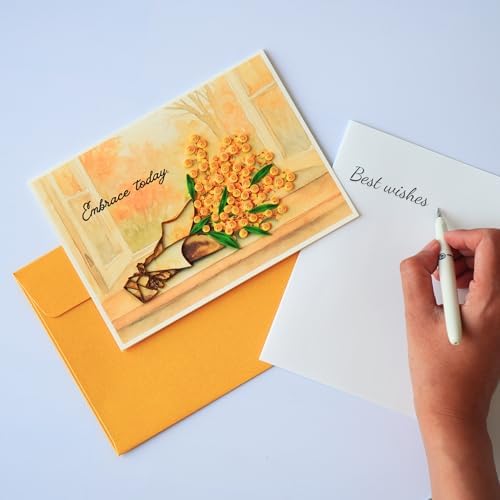 Quilling Friendship Card with Envelope - Handmade Warm Mimosa Bouquet Autumn Window Letter - Quilled Card for Her, Friend, Wife - Thank You Greeting Card - Paper Quilling Art 5x7 Inch