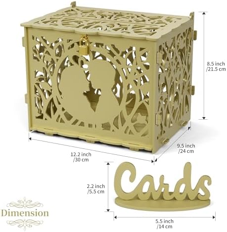 Jolik Wedding Card Box with Sign – Large Rustic Wedding Money Box Holder, DIY Envelop Gift Card Shadow Boxes for Wedding Reception, Anniversary, Graduation, and Birthday Parties (Gold)