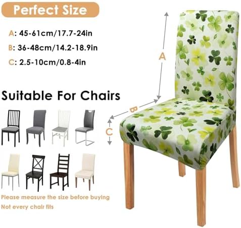 St Patricks Day Chair Covers Set of 4, Green Four Leaf Clover Dining Chair Covers, Elastic Removable Washable Dining Chair Covers for St. Patricks Day Kitchen Dining Room Holiday Party Decor
