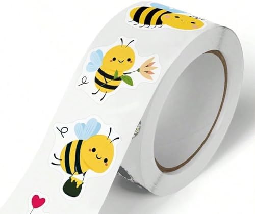 500PCS Cute Bee Stickers Roll Waterproof Vinyl Cartoon Decals Adhesive Honeybee Stickers for Kids Party Scrapbooking Gift Bags Envelopes Crafts Teens Adults Water Bottle Notebook Luggage Phone Case