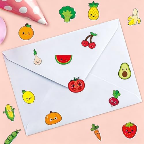 500PCS Fruit Stickers Rolls 8 Styles Summer Fruits and Vegetables Sticker 1in Self-Adhesive Waterproof Vinyl Stickers Decor for Back to School First Day of School Party Supplies Envelope Decorations