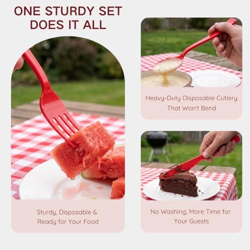 300Pcs Red Plastic Silverware Set, Full Size Disposable for Dinner