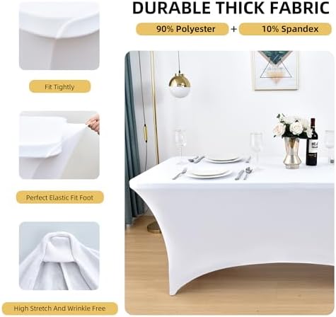 2-Pack 8ft White Spandex Table Covers for Rectangle Folding Tables - Washable Elastic Tablecloth - Ultimate Fitted Table Protector for Birthday Parties, Trade Shows, Banquet