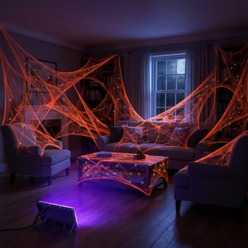 1100 Sqft Halloween Glow Orange Stretch Cobweb with Glow Spiders and Light