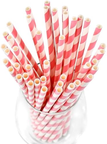 7.75" Pink Straws, Pink White Striped Paper Drinks Straws Disposable 100 ct