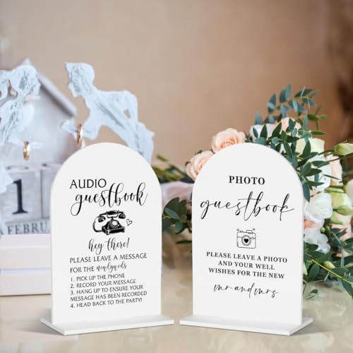 2Pcs Wedding Memorial Signs Audio Guest Book Sign Photo Guest Book Sign Wedding Table Acrylic Decor for Engagement Bridal Shower Ceremony Reception Event Party