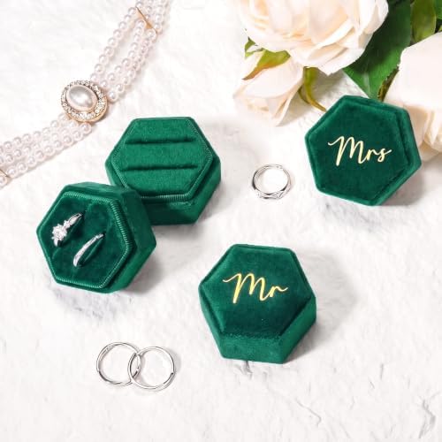 Mr & Mrs Velvet Wedding Ring Box 2 Slots Cursive Hexagon Jewelry Ring Box for Wedding Day Ceremony Bridal Photography Gift Set of 2 (Emerald Green)