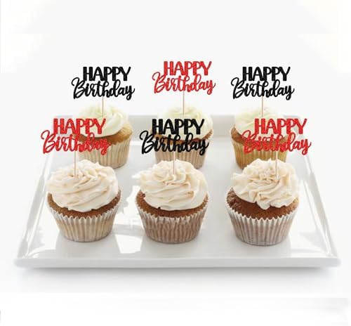 30 PCS Happy Birthday Cupcake Toppers Glitter Happy Birthday Cupcake Picks for Celebrating Anniversary Theme Christmas Party Cake Decorations Supplies Red Black