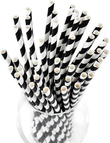 7.75" Black Straws, Black Striped Paper Drinking Straws Disposable 100 ct