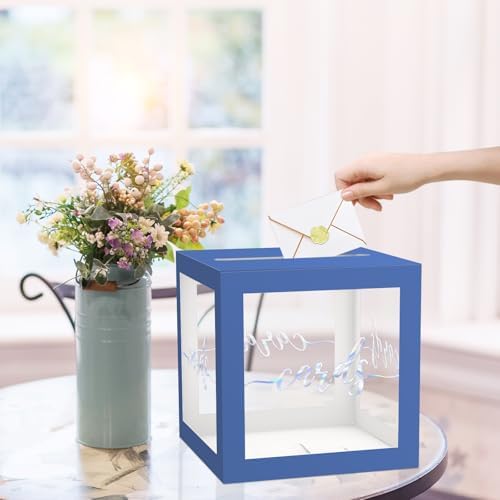 Clear Card Box for Party, 8.7" Iridescent Foil Gift Cards Receiving Box Holder for Wedding, Bridal Shower, Graduation, Birthday, Retirement, Baby Shower, Anniversaries Party Decorations ( Navy Blue )