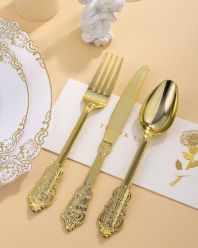 Goodluck 75 Pack Gold Plastic Silverware Set, Heavy Duty Cutlery