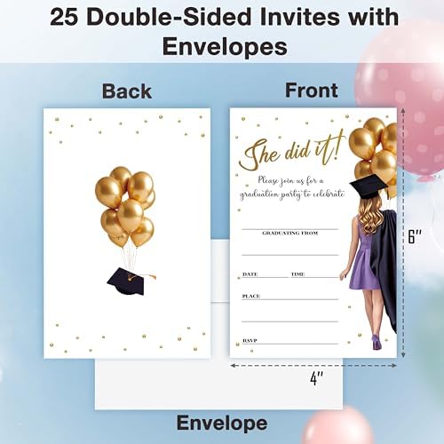 Graduation Invitations 2026, 25 Party Invitation Cards with Envelope, 4"x6" She Did It Grad Announcement Invites, Graduate Celebration Favor Supplies-A01