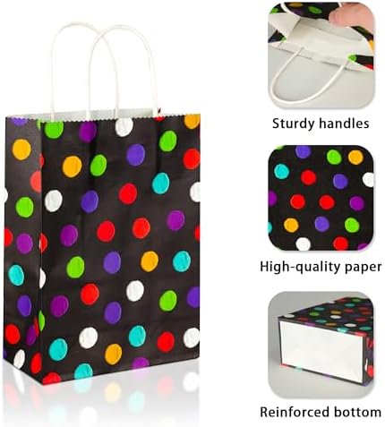 BLEWINDZ 32Pcs Small Gift Bags with Tissue - Polka Dot Black Party Gift Bags with Handles, Colorful Rainbow Paper Goodie Bag for Party Favors, Kids Birthday