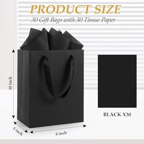 Epoesch 30 Pack Black Small Gift Bags with Handles and 30 Tissue Papers
