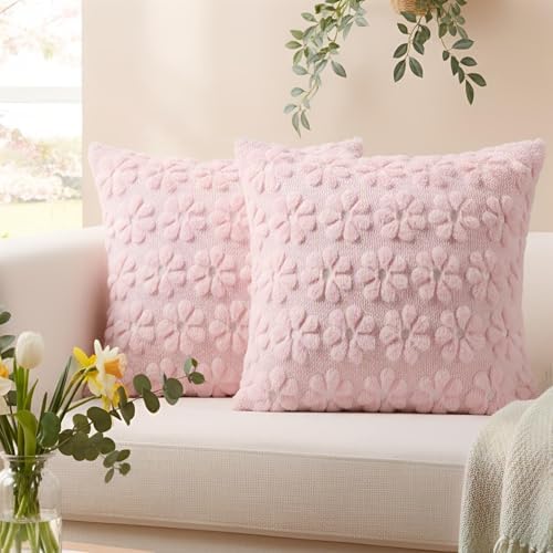 Softalker Spring Summer Throw Pillow Covers 18 x 18 Inch Set of 2, Farmhouse Decorative Floral Daisy Soft Faux Fur Cushion Covers, 3D Pillow Cases for Couch Bedroom Living Sofa Room Home Decor, Pink
