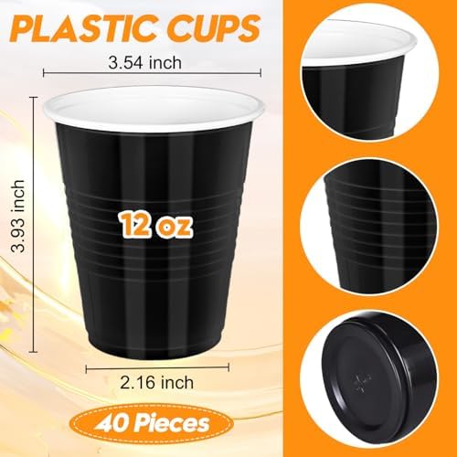 Vumdua Black Plastic Cups Disposable Cups, 12 oz Halloween Party Cups for Halloween, Birthday, Graduation, New Year Party Supplies, Pack of 40