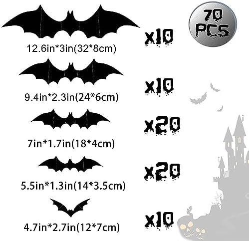 Runleo 70 Pcs Halloween 3D Bats Wall Decor, Matte Black Reusable Sticker