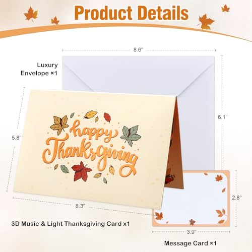 D4DREAM Musical Thanksgiving Card with Light for Adults Kids Family Friends