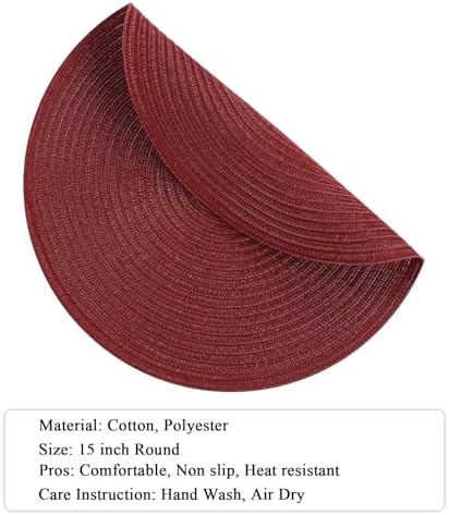 SHACOS Round Placemats Set of 12 for Dining Table 15 inch Round Braided Place Mats Cotton Polyester Washable Non Slip Kitchen Table Mats, Burgundy