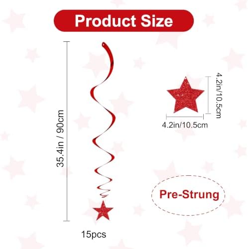 BEISHID Red Glitter Stars Hanging Swirls Pre-Strung Stars Hanging Decorations for Christmas Wedding Anniversary Bachelorette Engagement Birthday Party Decorations Supplies,Pack of 15
