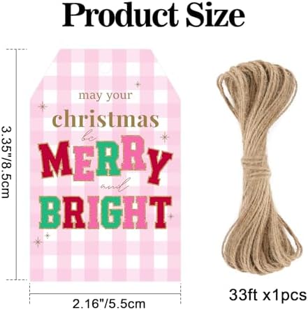 joycraft 50Pcs Christmas Tags with String, Pink Plaid Merry Christmas Tags