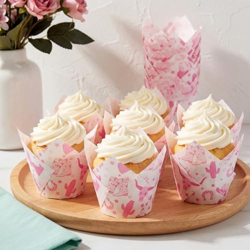 Maxdot 200 Pcs Western Cowgirl Tulip Cupcake Liners for Baking Western Theme Paper Muffin Baking Cups Pink West Tulip Muffin Liners Wrappers for Baby Shower Birthday Bachelorette Party