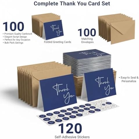 XXINMOH 100 Pack Thank You Cards With Envelopes Bulk Set & Stickers - 4x6 inch Blank Thank You Notes Bulk Box Set - Large Note Card Small Business, Wedding, Baby Shower & Bridal Shower - Navy Blue