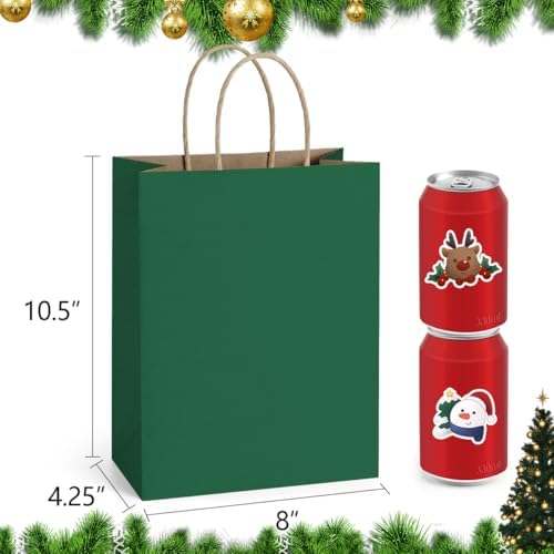 BagDream Medium Gift Bags with Handles 8x4.25x10.5 Forest Green 100Ct Bulk