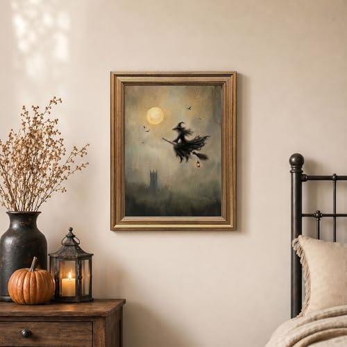 Wemandh Vintage Halloween Wall Art, Gold Framed Flying Witch on Broom Canvas Print, Spooky Full Moon Castle Picture, Dark Academia Goth Room Decor for Home (12'' x 16'')